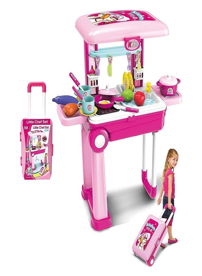 HS ENTERPRISE Little Chef Trolley Kitchen Play Toy Set for Girls with Music & Light for Kids 2 in 1 (Multi Colour) - Image 1